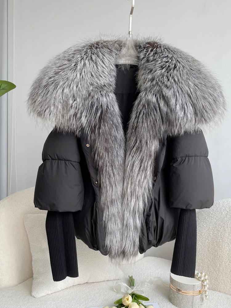 Women White Duck Down Jacket Super Real Silver Fox Fur Collar