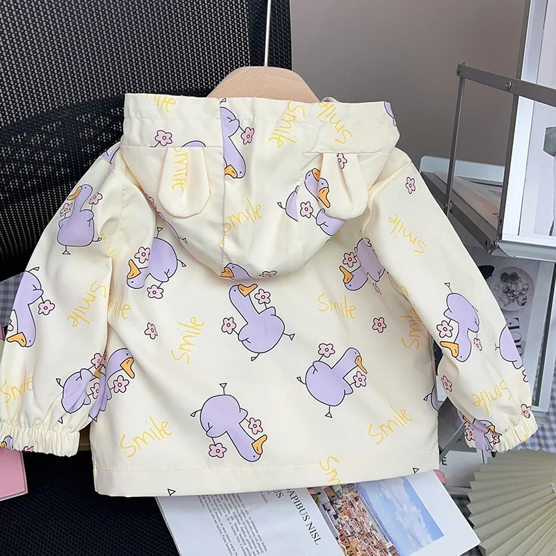 

2023 Autumn Girls Cute Print Duck Long Sleeve Hooded Jacket Baby Kids Children Coat Outerwear