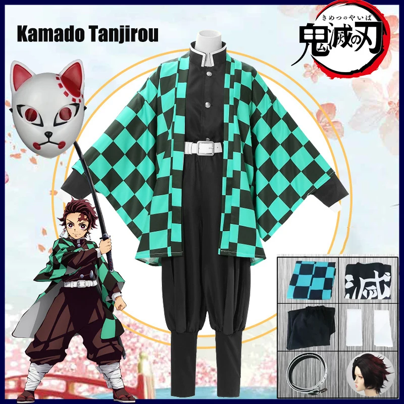 Anime Demon Slayer Kamado Tanjirou Cosplay Costume Kimetsu No Yaiba Clothes Halloween Party Adult Kid Wig Mask Kimono Uniform