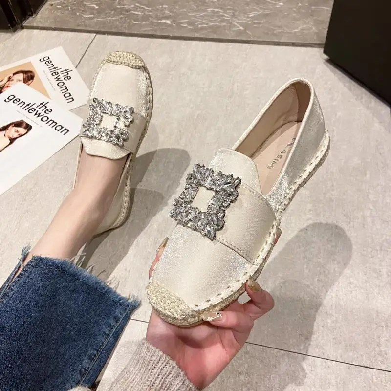 Luxury Silk Espadrille Moccasins Woman Big Square Crystal Buckle  Flat Shoes Ladies Brand Design Elegant Slip-on Fishman Shoes 3