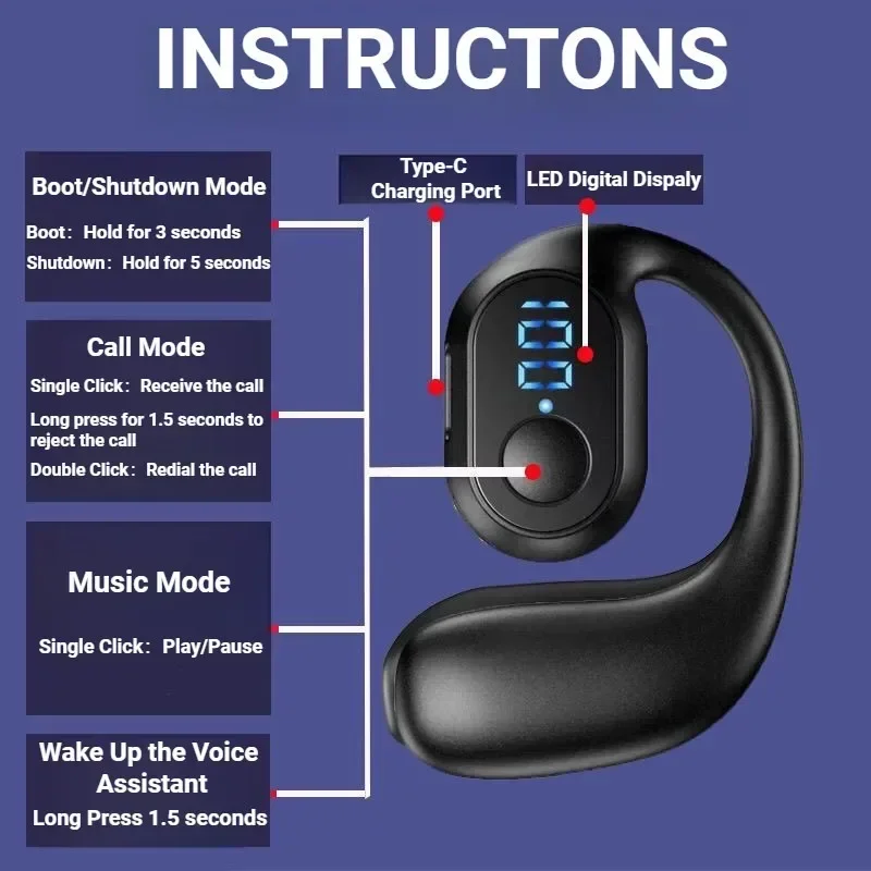 Wireless Earphones Air Conduction HiFi Ear Hook Music Sports Noise Cancel Headset
