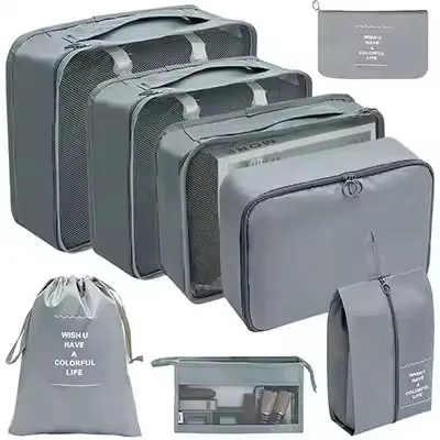 Waterproof Travel Packing Cubes Set with Drawstring Storage Pouches - 8-Piece Luggage Organizer for Clothes, Shoes, Underwear, and Cosmetics
