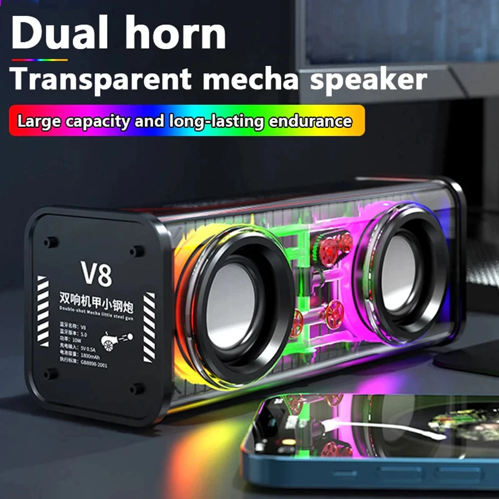 V8 Transparent Mecha Speakers Bluetooth 5.0 Wireless Double Bass Diaphragm Subwoofer Music TWS RGB Light Mini Party Loudspeaker