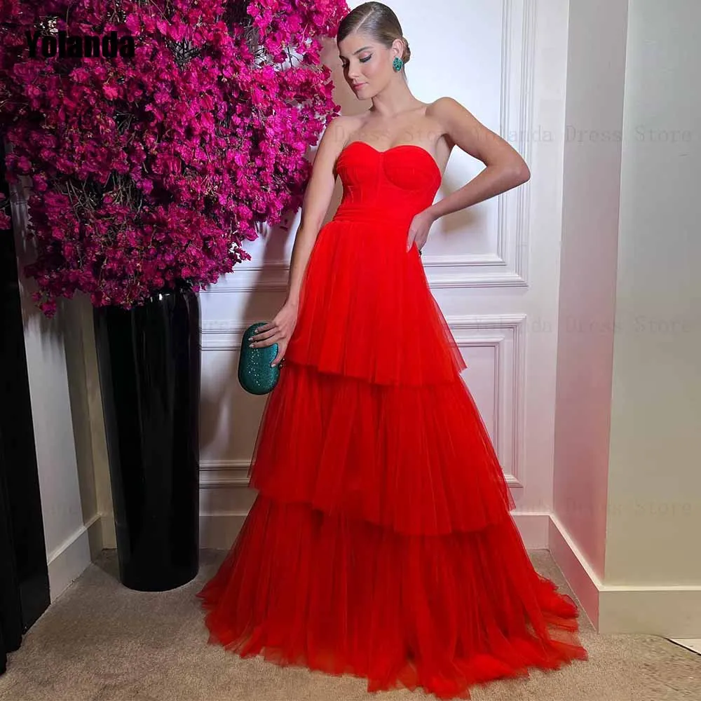 

Red Simple 2024 New A-line Evening Dresses Strapless Layered Tulle Open Back Brush Train Floor Length Party Dress Robe de soirée