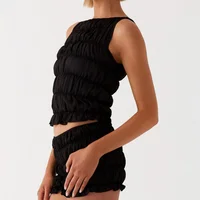 Women Summer O-neck Folds Tank Tops+Shorts Suit Sleeveless Slim Solid Tees Ruched Shorts Beach Style Fashion 2pcs Sets Outfits - Image 4