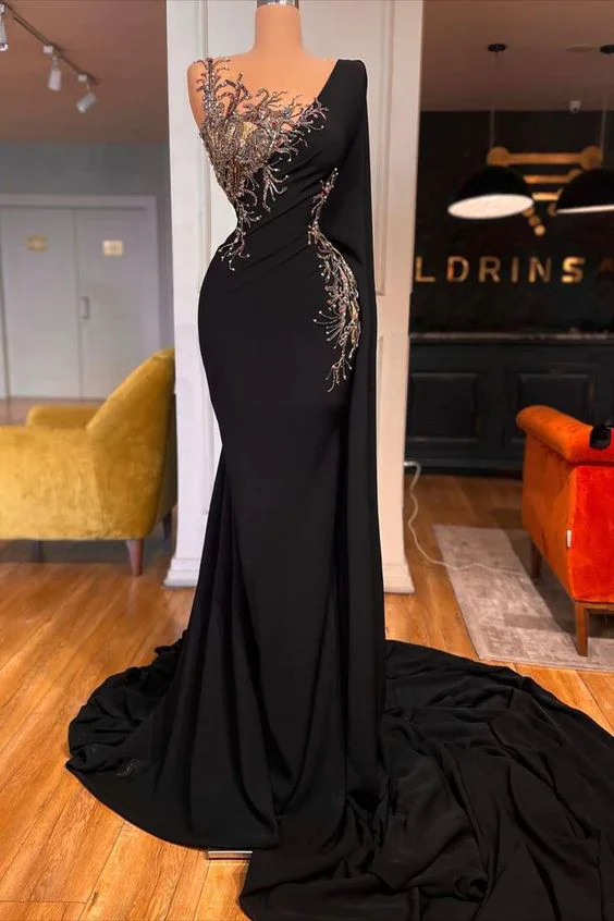 

Luxury Black Mermaid Prom Dresses Single Long Sleeves Sequins Shiny Women Satin Long Evening Pageant Gowns Custom Made