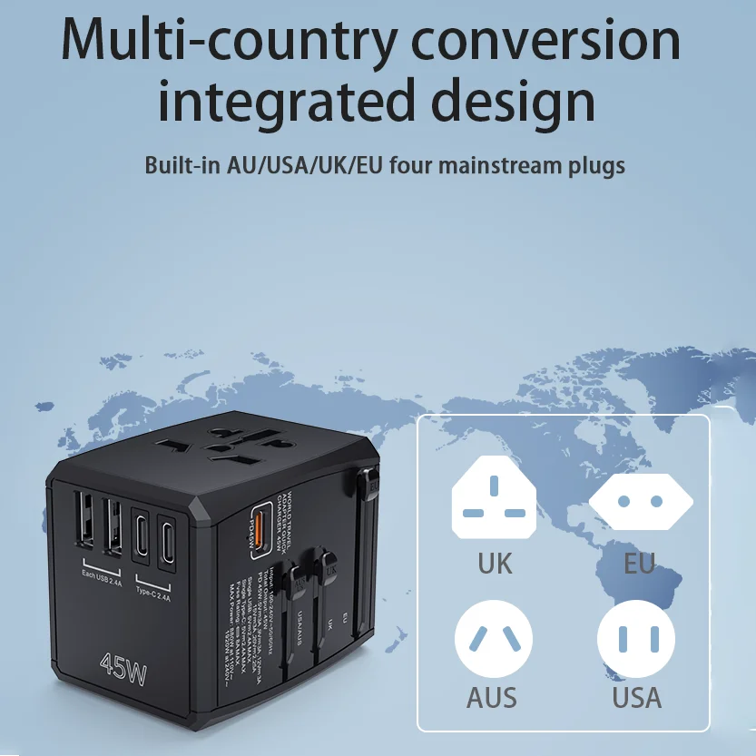 Global Power Connect: 45W GaN Multi-Port Travel Adapter with Interchangeable Plugs and Fast Charging USB Ports