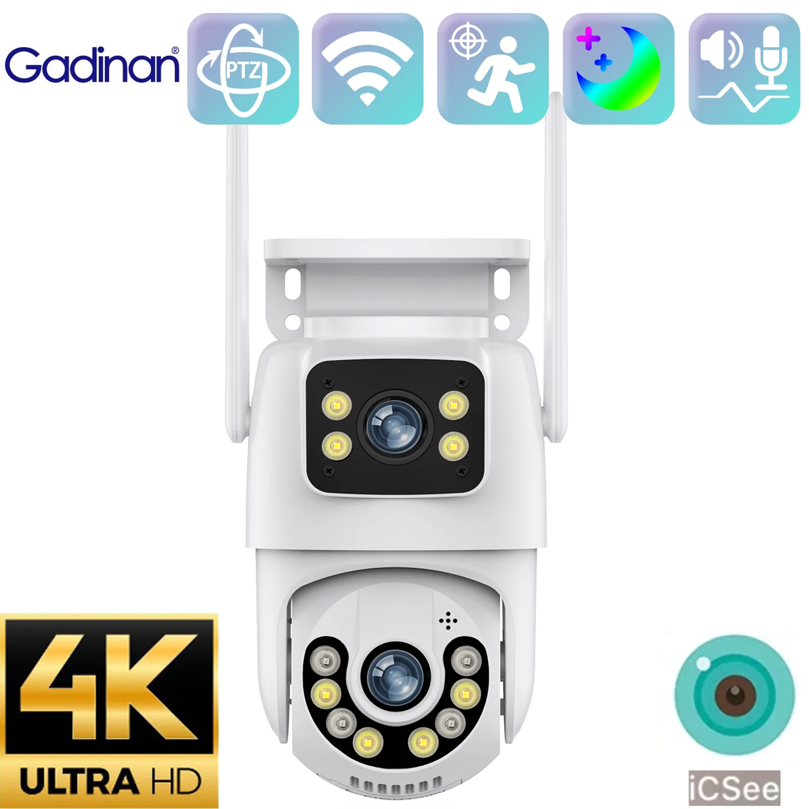Gadinan 4K 8Mp Ptz Dual Lens Security Wifi Camera Outdoor Color Night Vision Auto Tracking Dual Screen Videosorveglianza Icsee