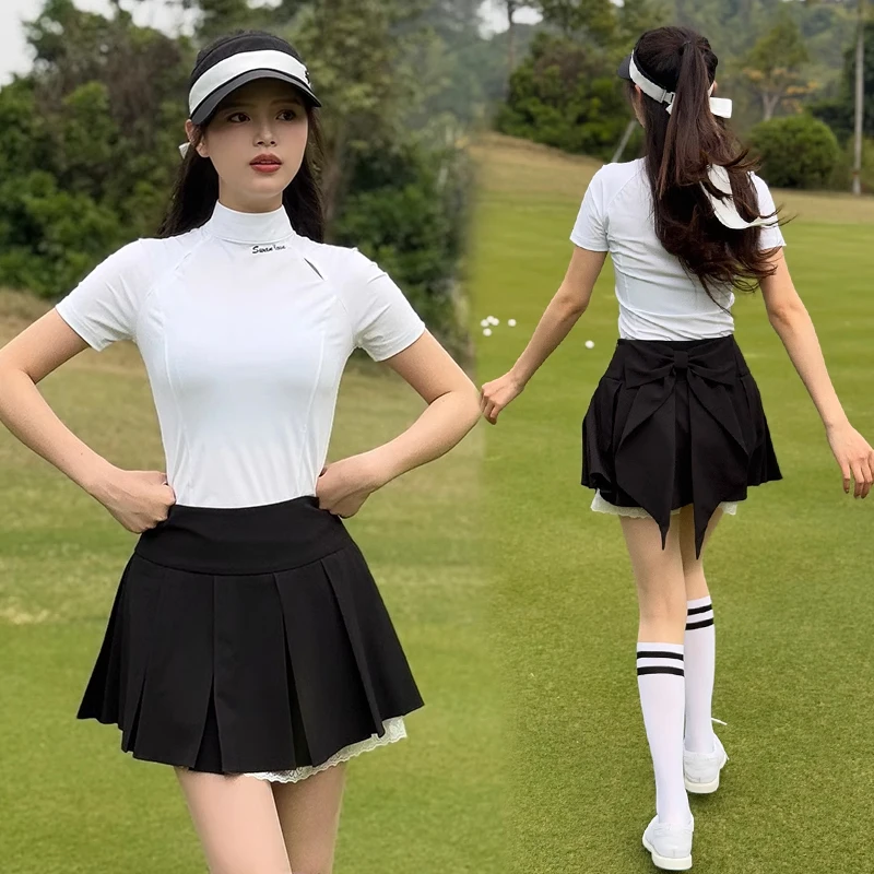 Swan Golf Skirt Women's Spring and Summer Bownot Streamer Lace Skort with Safety Shorts Pants High-end Gray Culottes Golf Wear