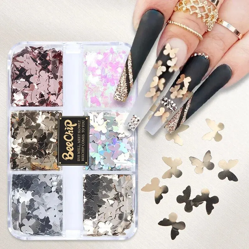 Nail Art Decoration 6 Grids Mixed Nail Art Glitter Snow Butterfly Shiny Fake Nail Decoration Professional Accessories Tool Valentine's Day Christmas