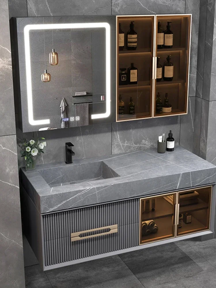 ~Stone Plate Bathroom Cabinet Whole Washbin Intelligent Induction Solid Wood Wash Basin Bath Furniture