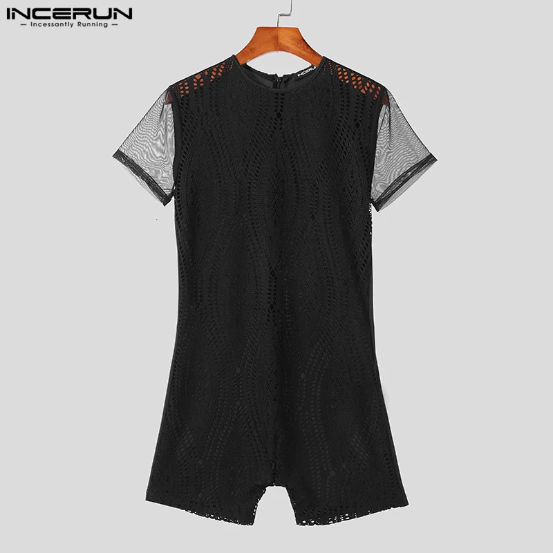 INCERUN American Style Men's O-neck Rompers Fashion See-through Lace Patchwork Jumpsuits Sexy Short Sleeved Bodysuits S-3XL