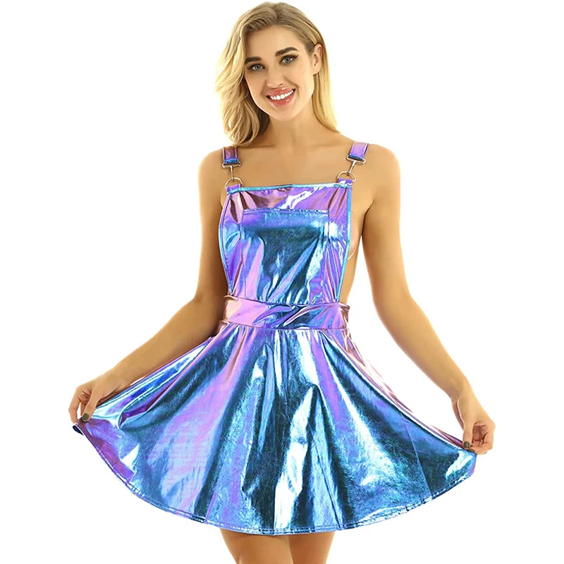 

Sexy Fashion Shiny Metallic Backless Club Mini Dress For Women Party Rave Holographic Laser Solid Spaghetti Strap Lady Dresses