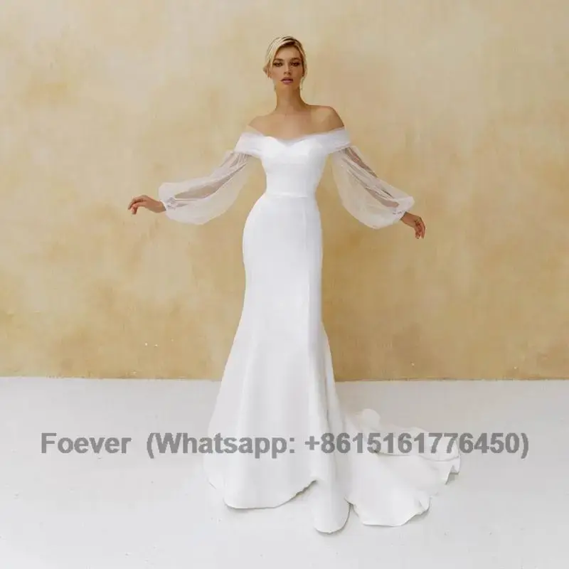 

Boho Satin Mermaid Wedding Dress Simple Tulle Sleeves Sweetheart Neck Zipper Backless Sweep Train Bridal Gown Vestido De Novia