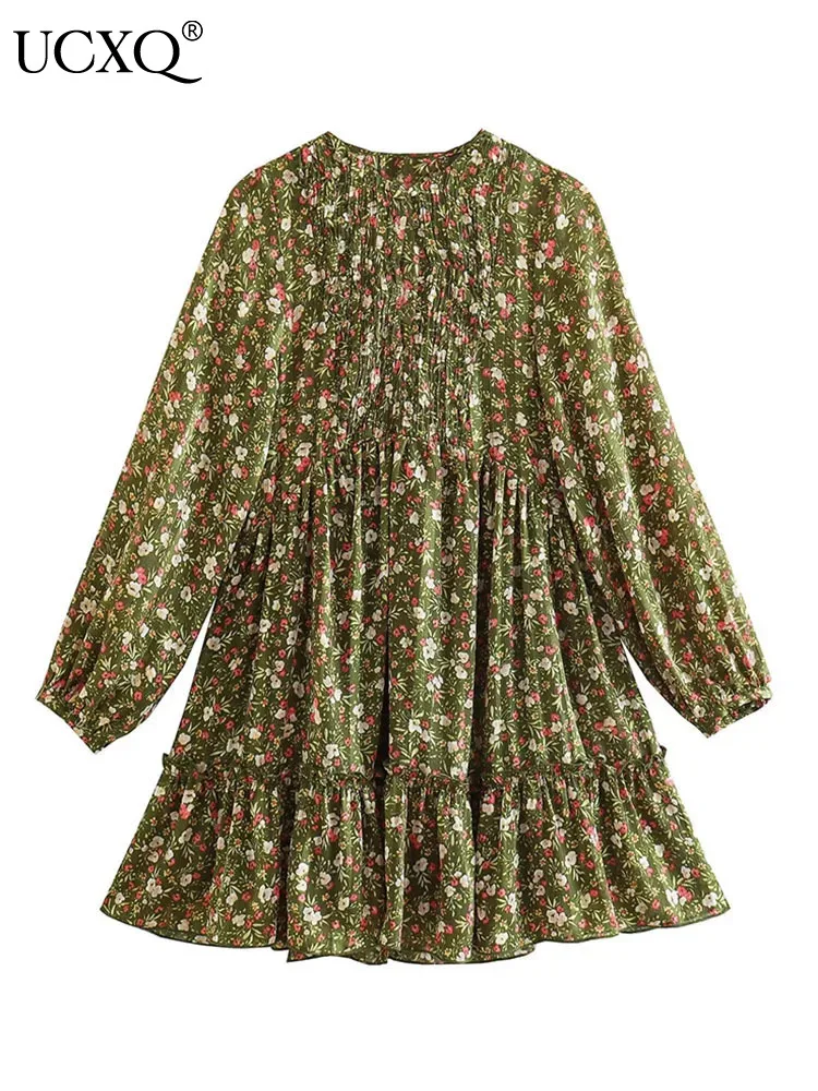 

UCXQ Beautiful Retro Vintage Sweet Flower Print Dress Women's Clothes Long Sleeve V-neck Dresses 2024 New Spring Summer 23A7215
