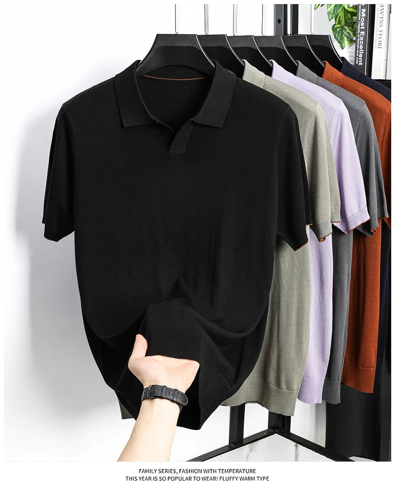 100% Lyocell Knitwear 2025 Men Spring Summer Trendy Turn Down Collar Knit Tees Short Sleeve Breathable Knit Tops
