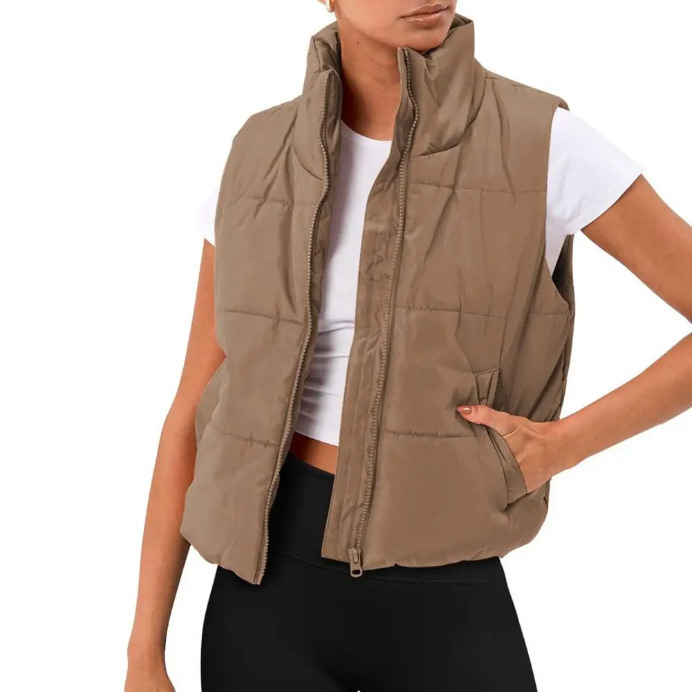 

Women Autumn Winter Waistcoat Stand Collar Sleeveless Pockets Vest Jacket Zipper Placket Short Cotton Padded Puffer Vest