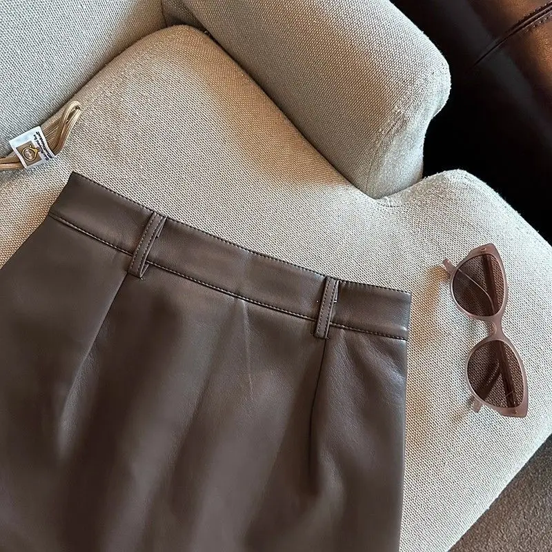 Vintage Braun PU Leder Röcke Weibliche Sexy Hot Mädchen Paket Hüfte Mini Rock Frauen Herbst Winter Hohe Taille Split Shorts Rock – Detail 17