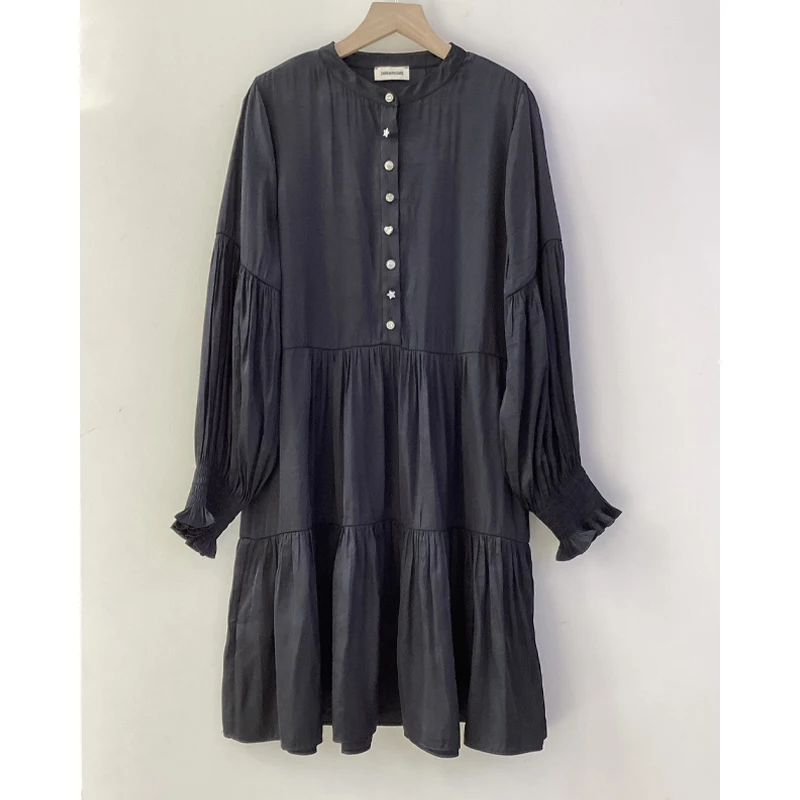 Zadig O-Neck Dress Female Casual Folds Black Dresses Women Long Puff Sleeve Robes Lady Diamond Buttons Robe Casual Loose Jupe 3