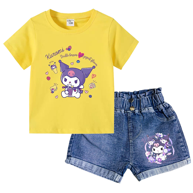 New Summer Baby Girls Clothing Set Kids Cartoon Cotton Kuromi T-shirt + Denim Pants 2Pcs for 2-6 Years Children Tracksuits