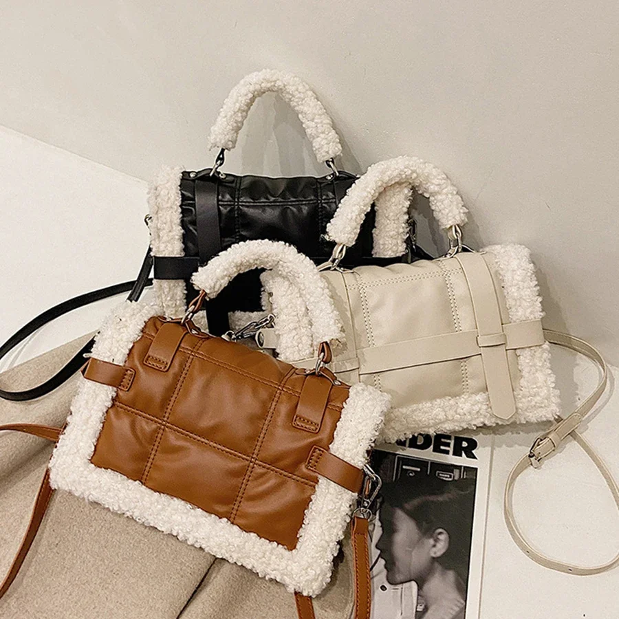 Fashion Lambswool Quilted Women Handbags Design Brand Shoulder Bags Luxury Pu Leather Space Padded Crossbody Messenger Bag 2024