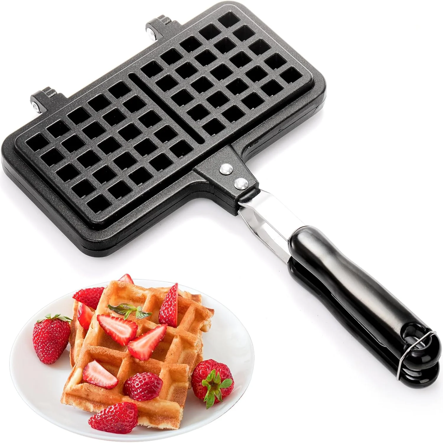Non-stick Waffle Maker, 8" Camping StoveTop Waffle Maker with Long Handle, Portable Aluminum Maker Pan for Waffles Sandwi