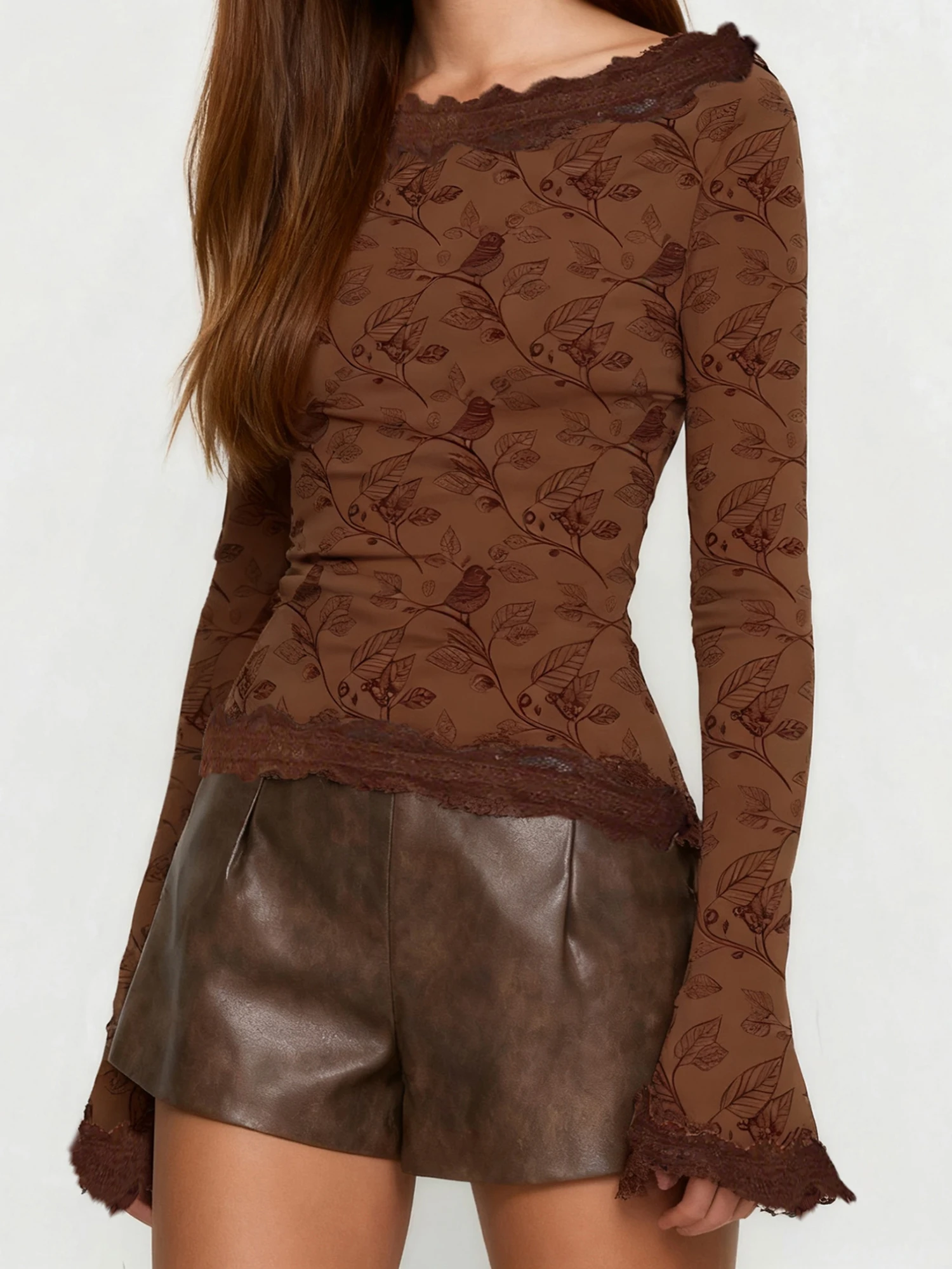 Elegant Women s Long Sleeve Floral Lace Trim Blouse with Crew Neckline Stylish  Fit Fall Shirt for Fashionistas