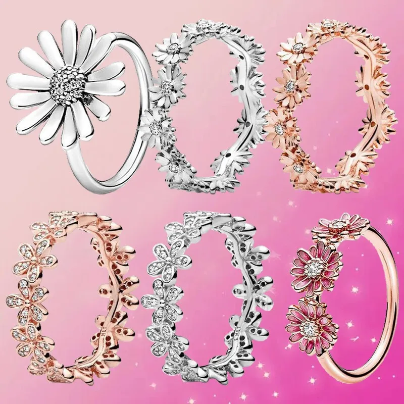 S925 Sterling Silver Exquisite Daisy Series Flowers Woman's Ring Wedding Gift High Quality Fashion Diy Charm Jewelry