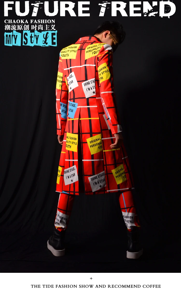 Men Suit Long Red Plaid Line Letter Patchwork Coat Pants Nightclub Male Singer DSDJ Bar Stage Performance Clothing Fashion Set