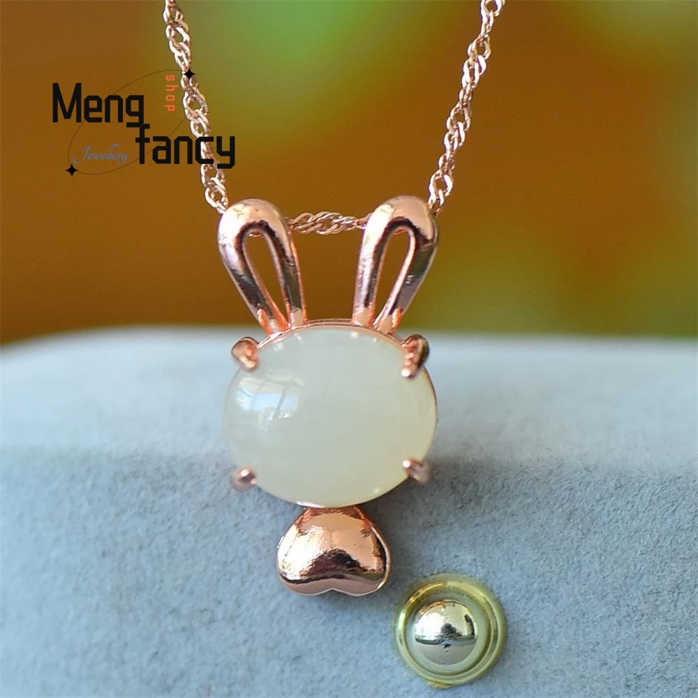 

S925 Silver Natural Hetian White Jade Zodiac Rabbit Pendant Exquisite Cute High-grade Fashion Jewelry Best Selling Holiday Gifts