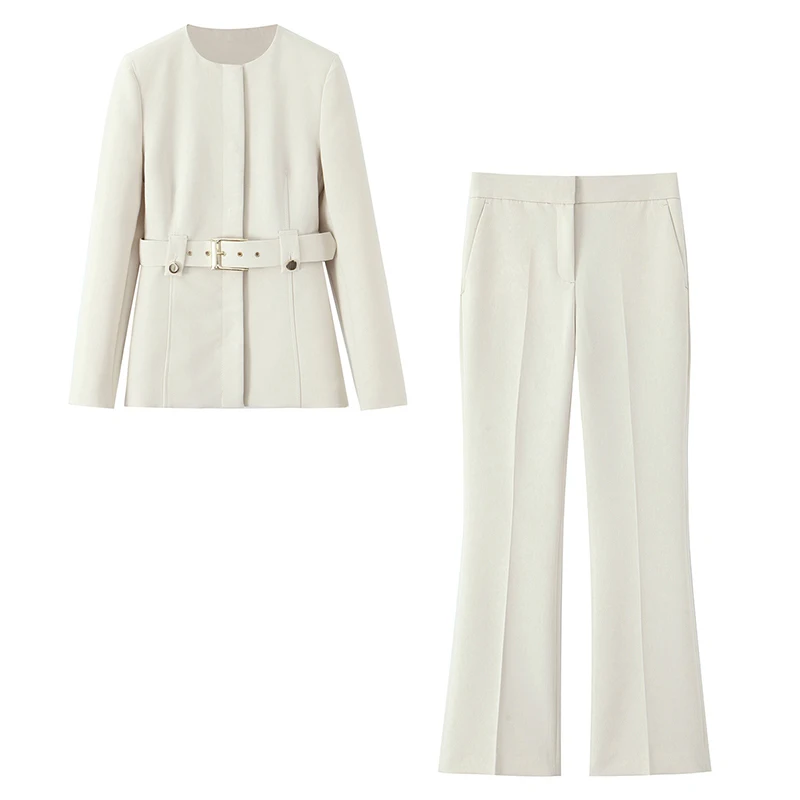 Flared Pants Two Pieces Sets Women Long Sleeve Fashion With Belt Blazer Coat Trousers Women's Suit 2025 New Woman Outfits