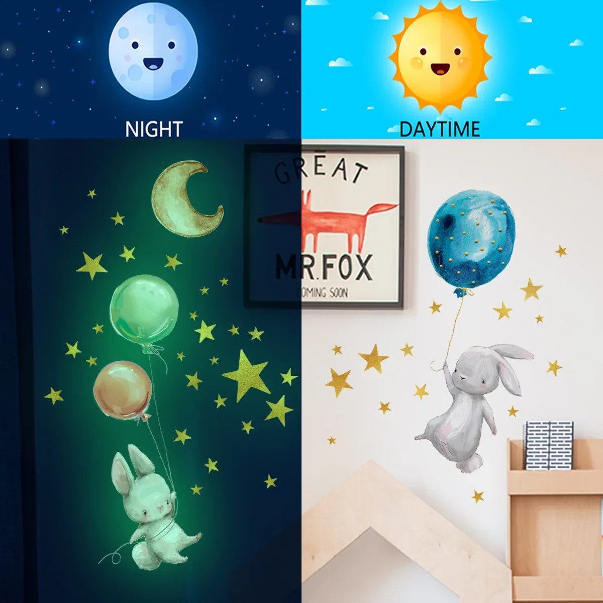 Cartoon Luminous Bunny Balloon PVC Sticker Removable Rabbit Star Wall Glow Stickers luminous wall stickers