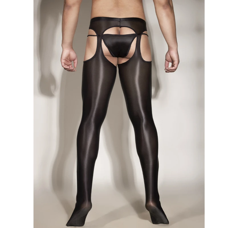 Men Sexy High Waist Tights Open Crotch See-Through Pants Shiny Glossy Stockings Transparent Temptation Pantyhose Night Club Wear