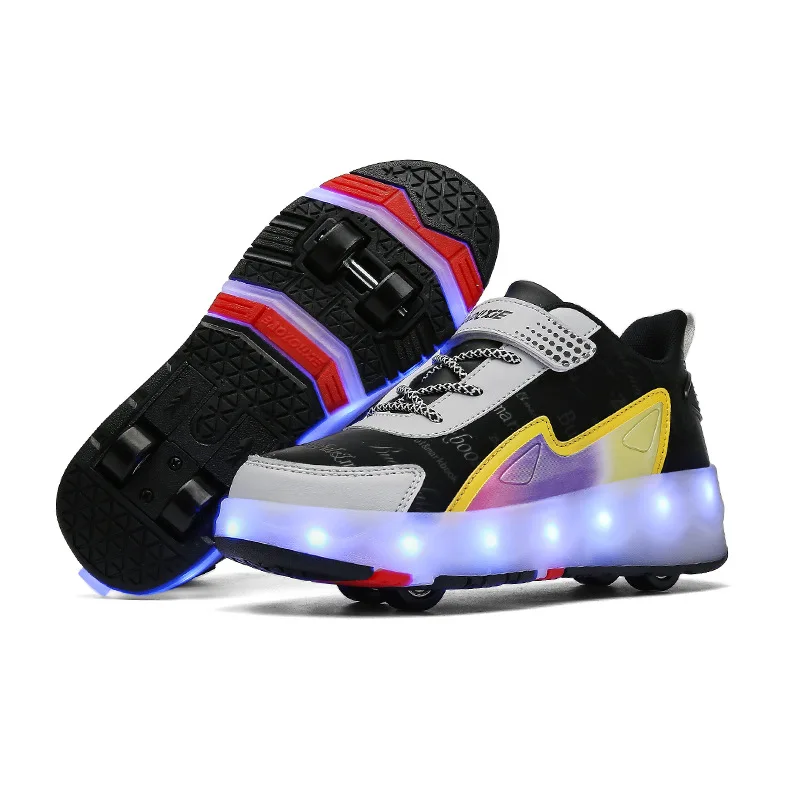 Children Four  Wheels Luminous Glowing Sneakers Black Pink Led Light Roller Skate Shoes Kids Led Shoes Boys Girls USB Charging
