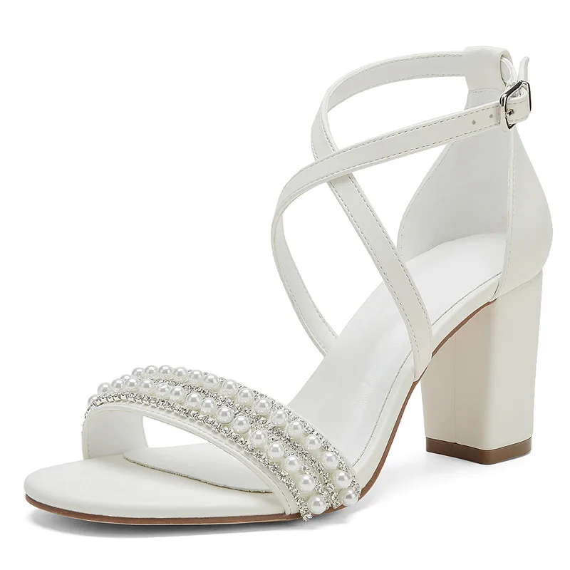 HighBlockHeelPearlWeddingShoesforBrideOpenToeCrossStrap