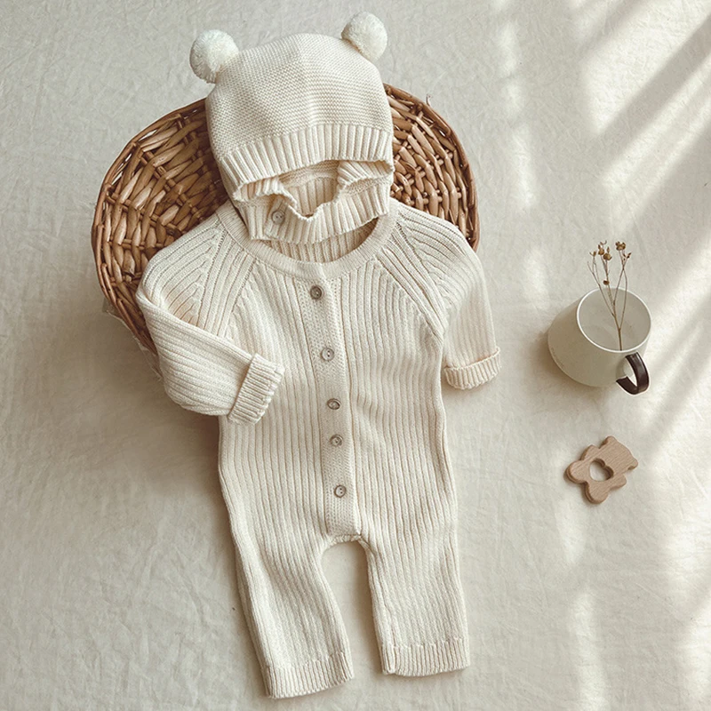 Koreanischen Stil Neugeborenes Baby Jungen Mädchen Overall + Hut Langarm Stricken Einfarbig Strampler Frühling Herbst Baby Jungen Mädchen kleidung