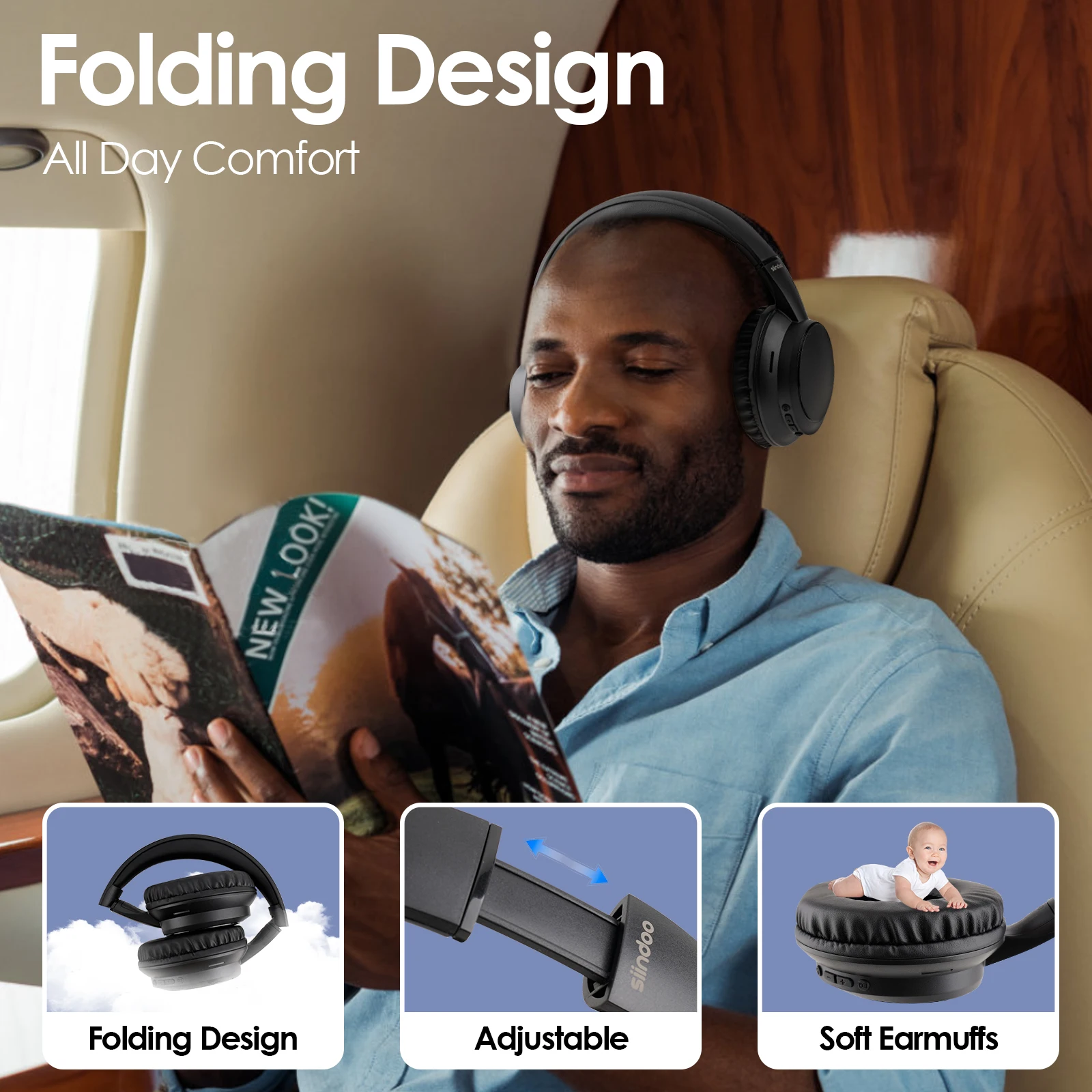Siindoo JH-820 Wireless Bluetooth Headphones, 60H Playtime,3 EQ Sound Modes,Foldable Lightweight Bluetooth 5.4 for Travel Study 5