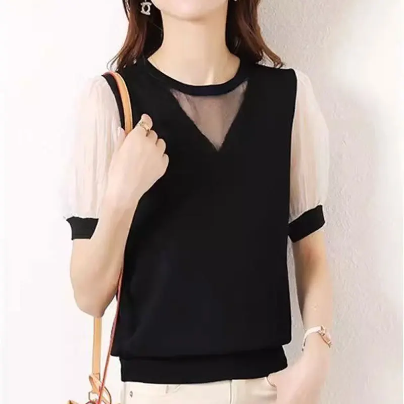 Female Clothing Knitted Patchwork Chiffon Shirt Solid Color Basic Short Sleeve Summer Fashion Hollow Out Casual O-Neck Blouse