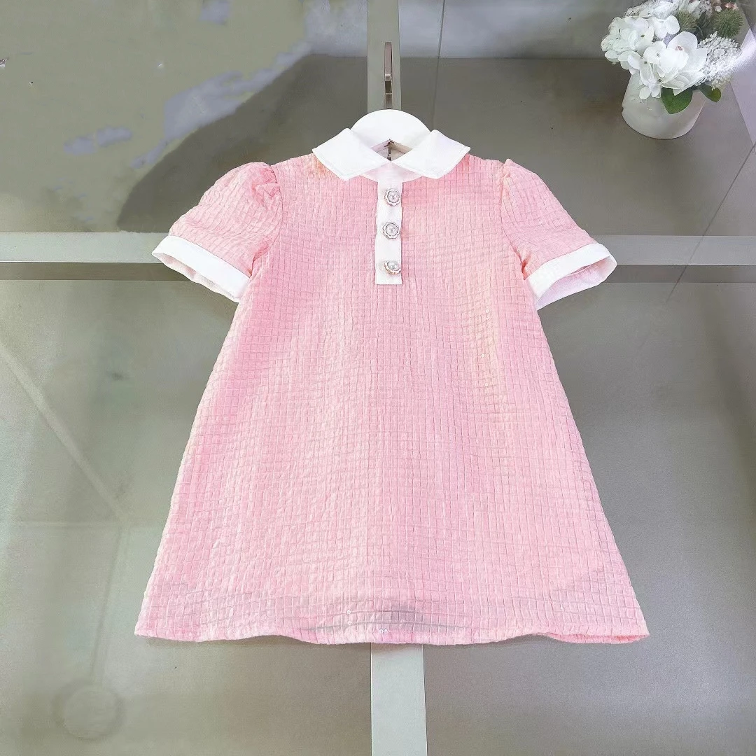 

2024 New Girls Short Sleeve Dress Pink Lapel Dress Fashion Girls Princess Dress Summer