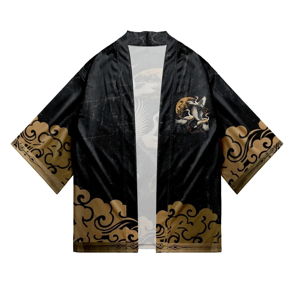 Japanese Style Cosplay Shirt 3D Crane Print Men and Women Traditional Samurai Kimono Haori Japanese Beach Yukata
