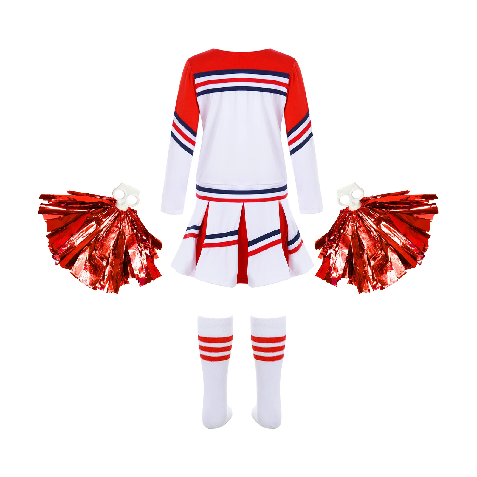 Kids Girls Cheerleading Cheer Dance Competition Costume Long Sleeve Shirt Skirts with Socks And Flower Balls Dancing Cosplay Set