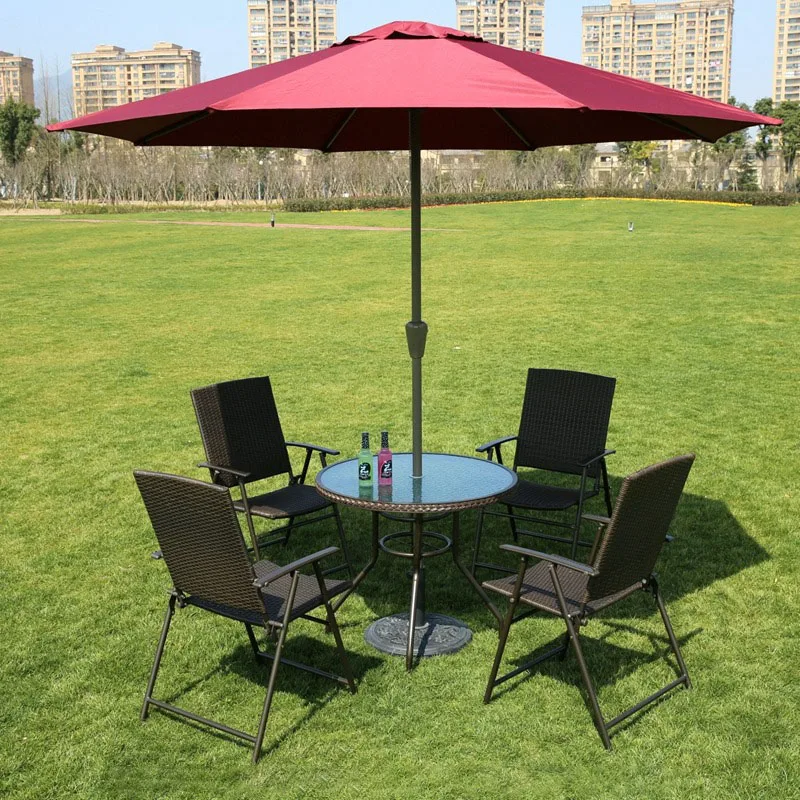 Outdoor Terrace Leisure Folding Rattan Iron Table and Chair Garden Balcony Leisure Furniture Combination Set Sun Umbrella Sets