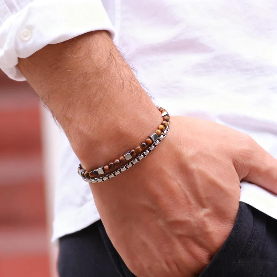 Stainless Steel Men Cuban Chain Bracelet with Hematite Stone