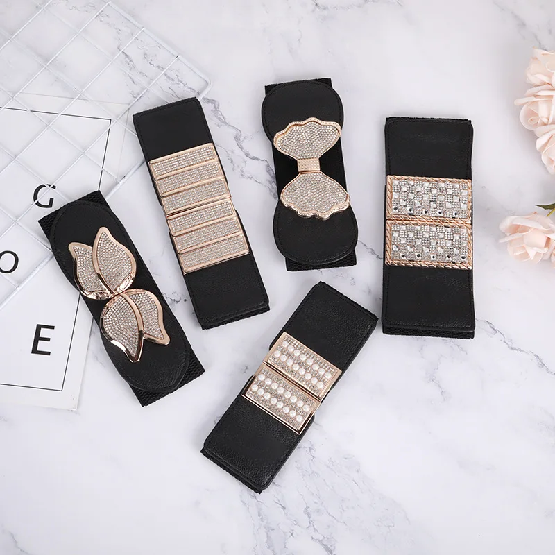 

Ladies Decorative Elastic Ultra-Wide Simple Versatile Women's Crystal Buckle Waist Girdle