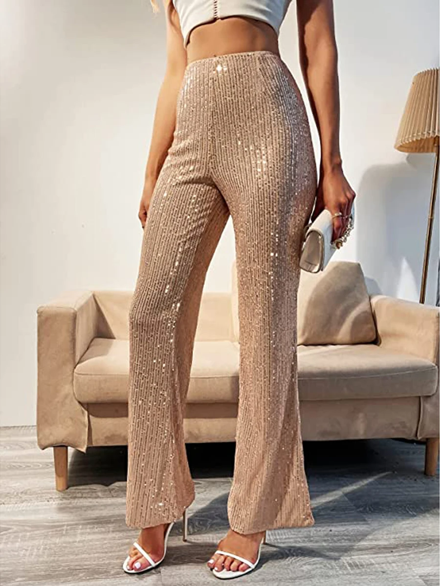 

Women Shiny Flare Pants Sexy Sequined Stretchy Slim Fit Tights Ladies Long Trousers Fashion Female Leggings Streetwear Clothes
