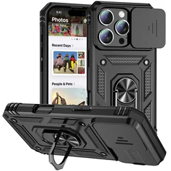 Military Grade Armor Case with Rotating Ring Stand and Slide Camera Lens Cover - iPhone 12 Mini (Black)