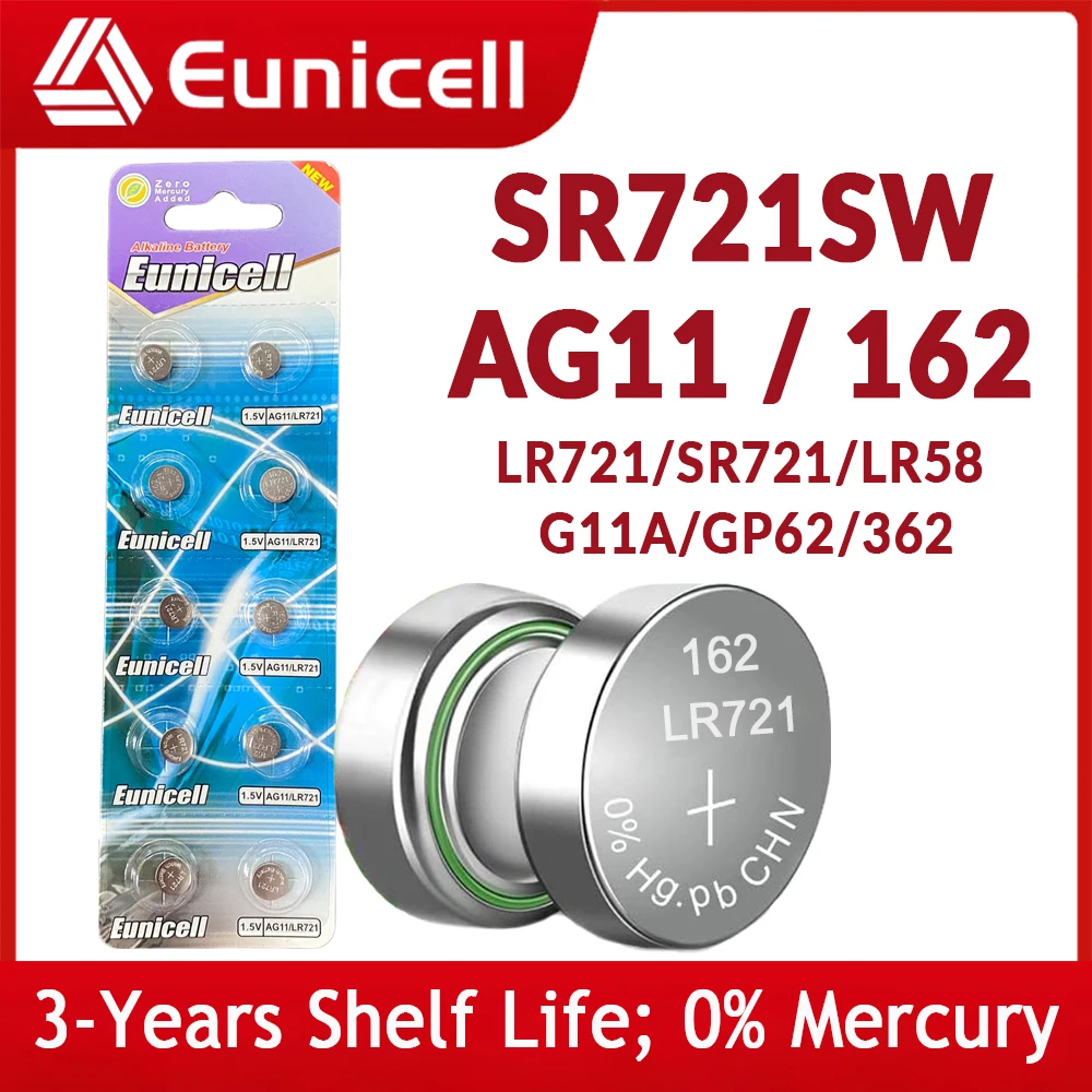 EUNICELL ถ่านกระดุม10-50PCS SR721 LR721 AG11 162ปุ่ม Pilas แบตเตอรี่ LR47  SR721SW V362 L721F 1.5V Alkaline Coin สำหรับนาฬิกาแบตเตอรี่