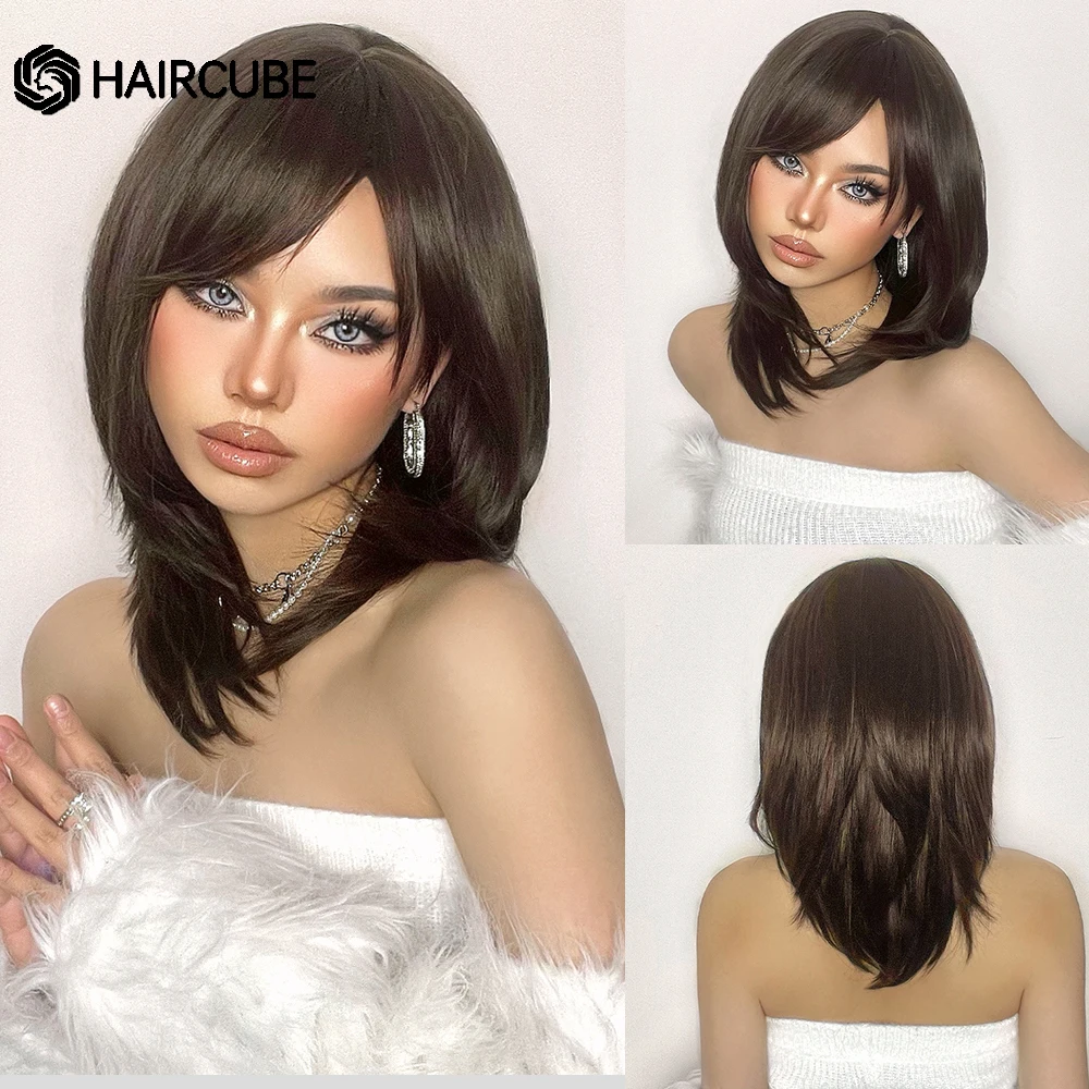 

HAIRCUBE Medium Length Black Brown Wavy Synthetic Wigs With Bangs for Women Layered Daily Use Heat Resistant Fiber Wigs