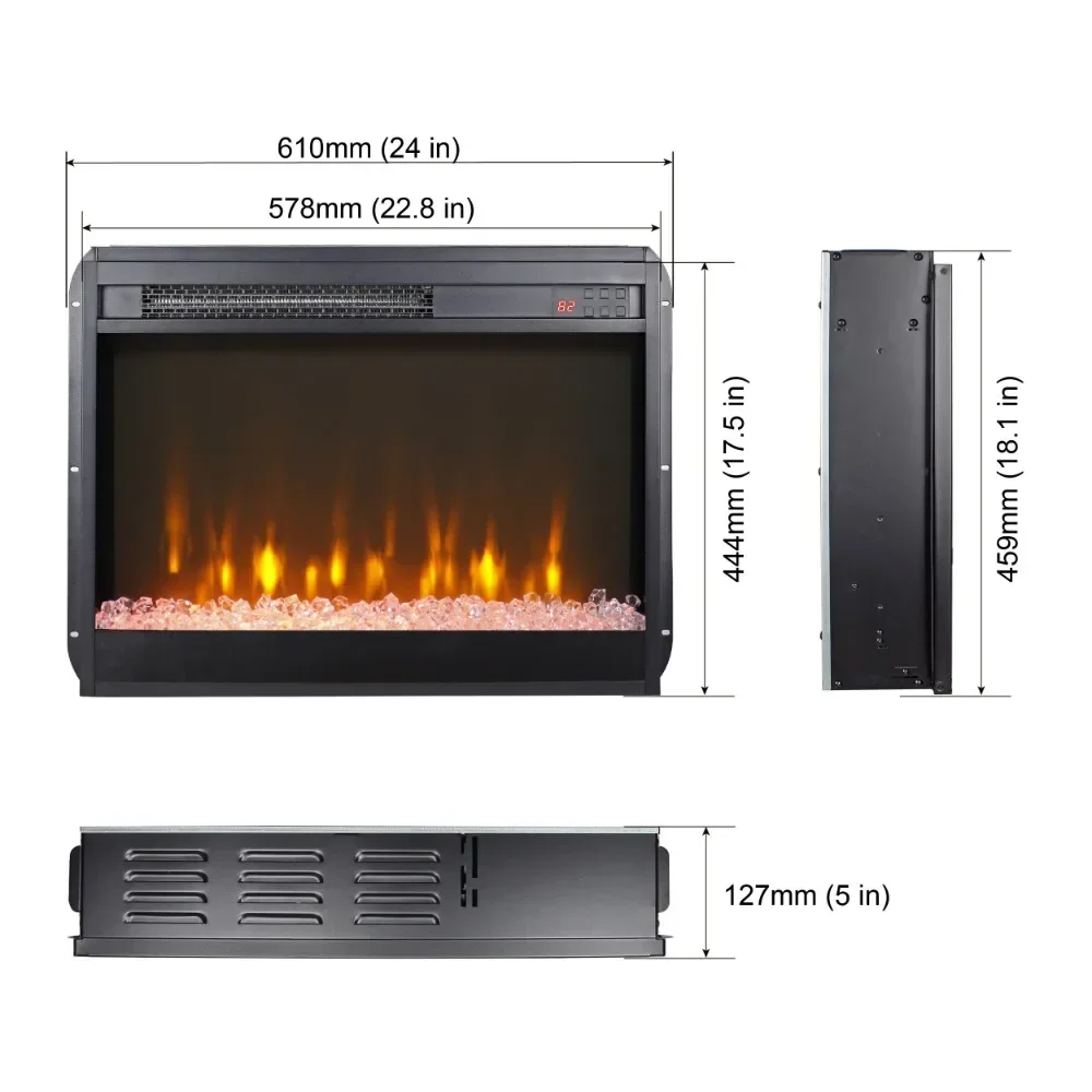 23" Electric Fireplace Insert, Fireplace Heater with Remote/Timer/Side Light, Adjustable 8 Flame Colors, Crystal, Fireplaces