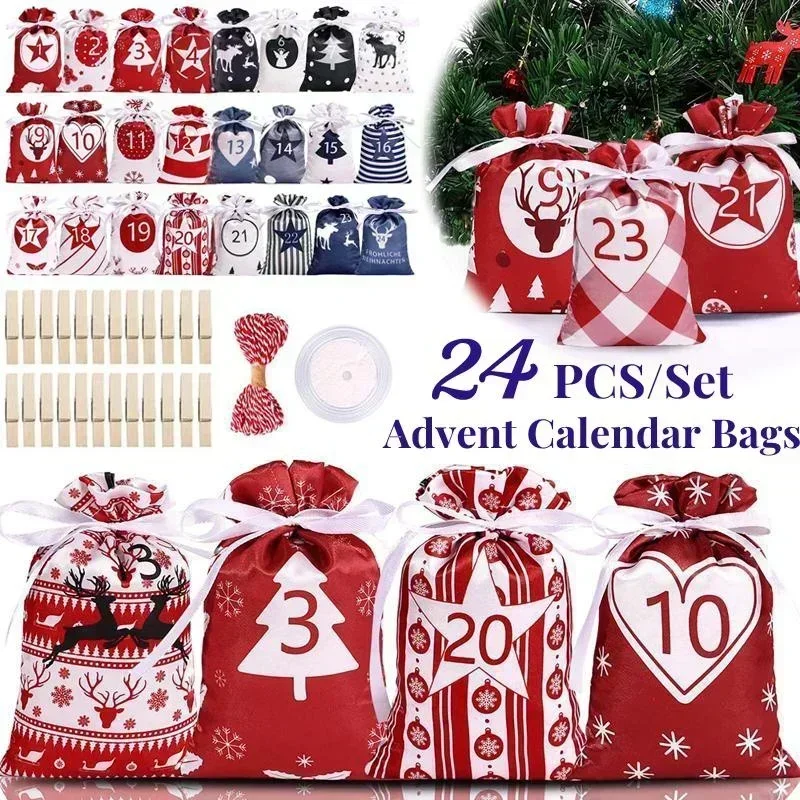 Christmas Advent Calendar Bags 24PCS Countdown Calendar Empty Gift Drawstring Bag With Good Decorative Effect Christmas Pattern christmas countdown calendar christmas advent calendar